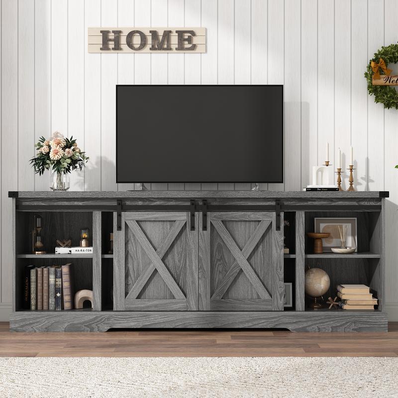 Farmhouse TV Stand for 70/75/80 Inch TV, 58/70 inch Entertainment Center Storage Cabinets with Sliding Barn Doors, Media Console Cabinet for Living Room, White/Grey/black