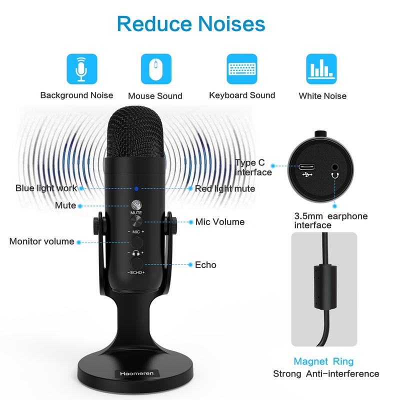HAOMUREN USB Powered Microphone with Type-C Adapter & USB Cable, Condenser Microphone with Noise Cancelling & Echo Function, Microphone for Live Streaming, Noise Reduction Mic HAOMUREN USB Powered Microphone with Type-C Adapter & USB Cable, Condenser Microphone with Noise Cancelling & Echo Function, Microphone for Live Streaming, Noise Reduction Mic