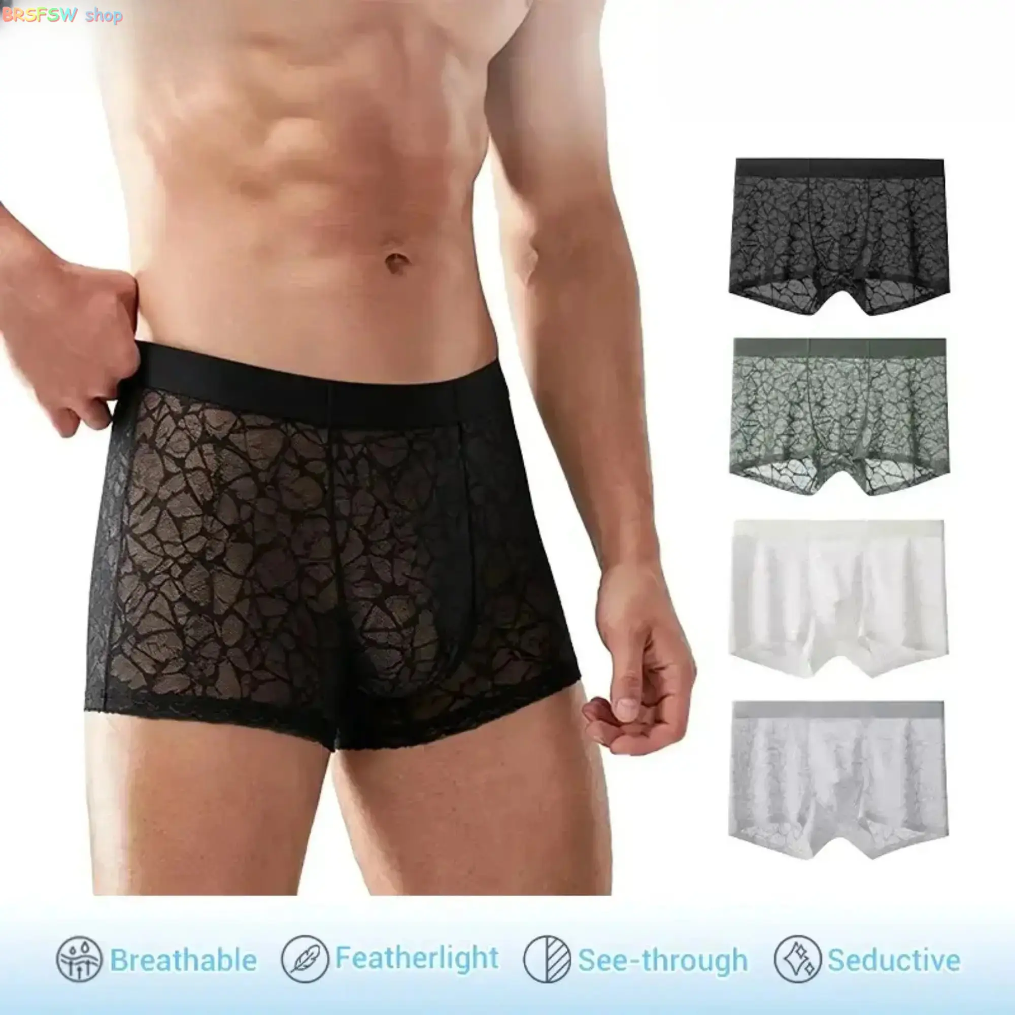 Men's ice-silk boxer briefs (4-pack) featuring a sheer lace mesh design for a secure, snug fit. Made from ultra-soft, cool, breathable, and highly elastic fabric, they offer a comfortable, skin-friendly feel—ideal for both daily wear and sleeping.