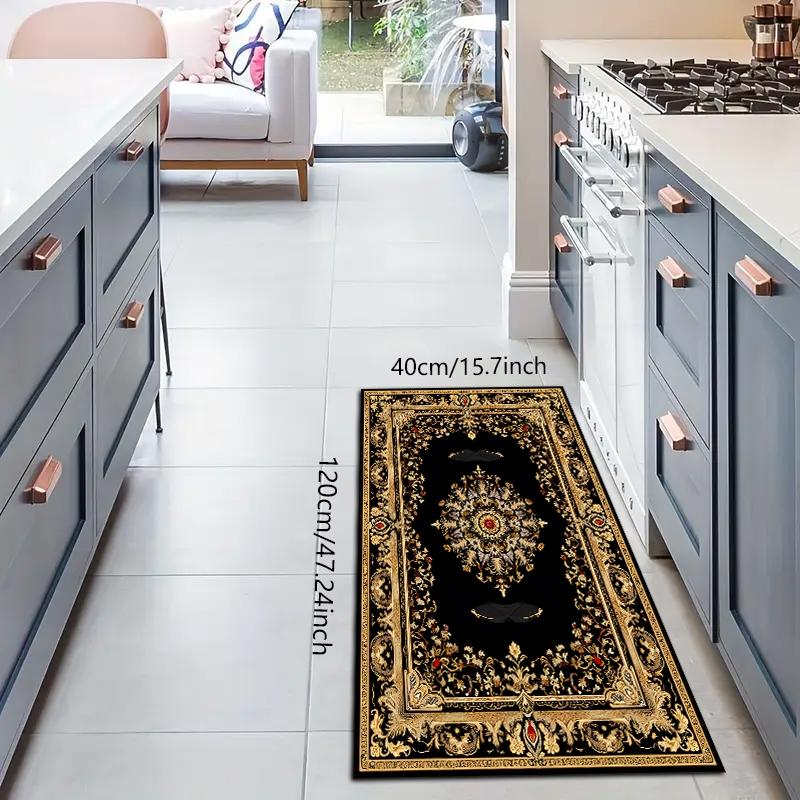 A European Persian-style kitchen mat with a black pattern, soft and non-slip, made of diatomaceous earth, suitable for kitchens, laundry rooms, and offices.
