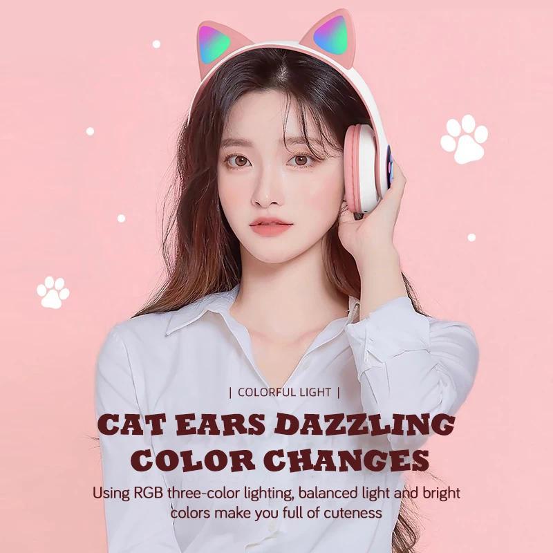 Flash Lamp Cute Cat Ears Headphone Bluetooth5.0 Stereo With Mic Support TF Card Wireless Kids Girl Earphone Birthday Gift btheadphones