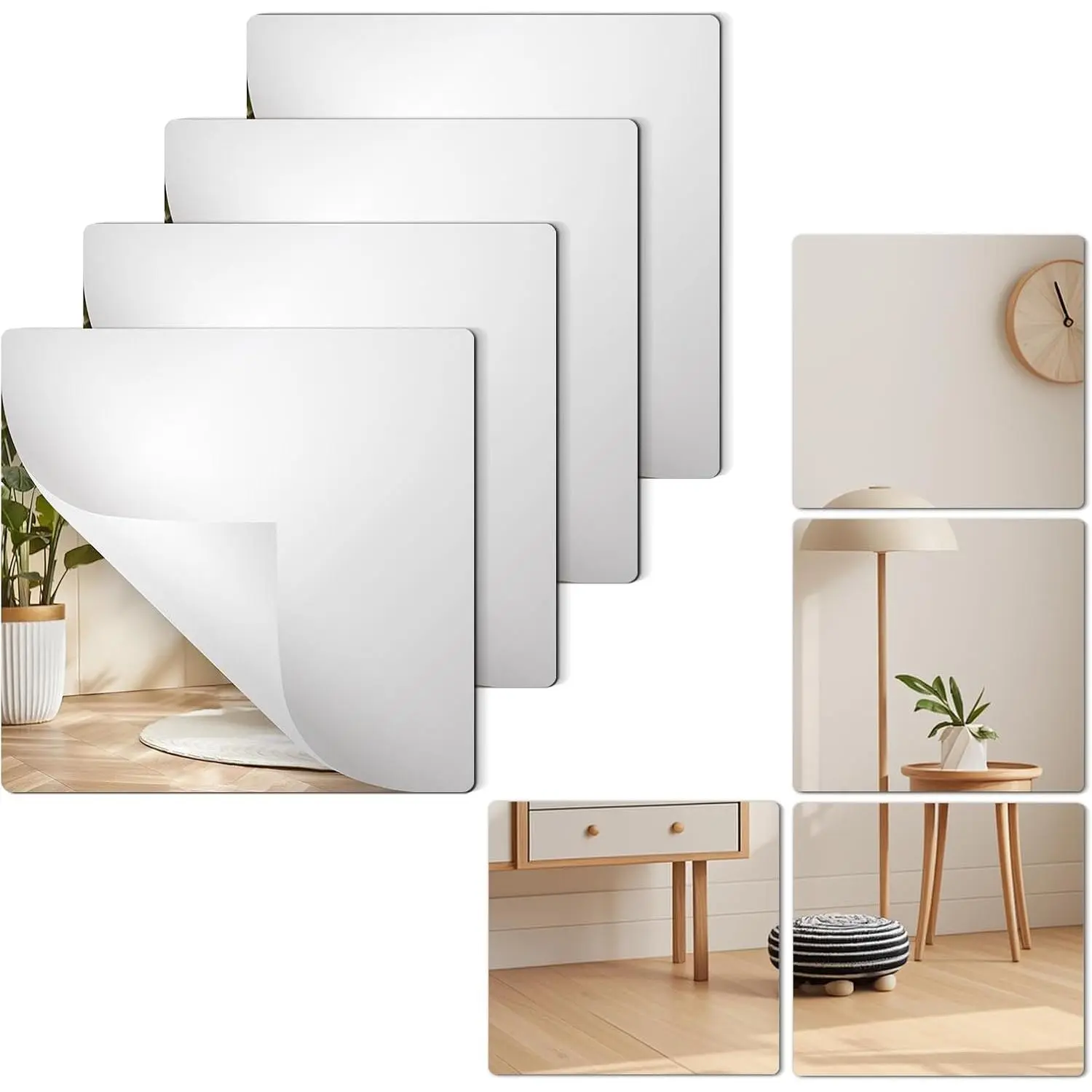 4 Pack  Mirrors Sheets Self Adhesive 8 x 8 Inch Wall Mirror Tiles | Flexible Mirror Stickers Shatterproof Full Length Mirrors for  Bathroom Bedroom Gym Door Wardrobe Use