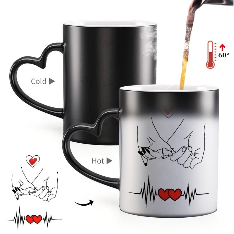 1pc Magical Color Changing Mug with Red Hearts Design - Heart-Shaped Handle, Mug for Couple's Anniversary and Valentine's Day, 11oz/325ml
