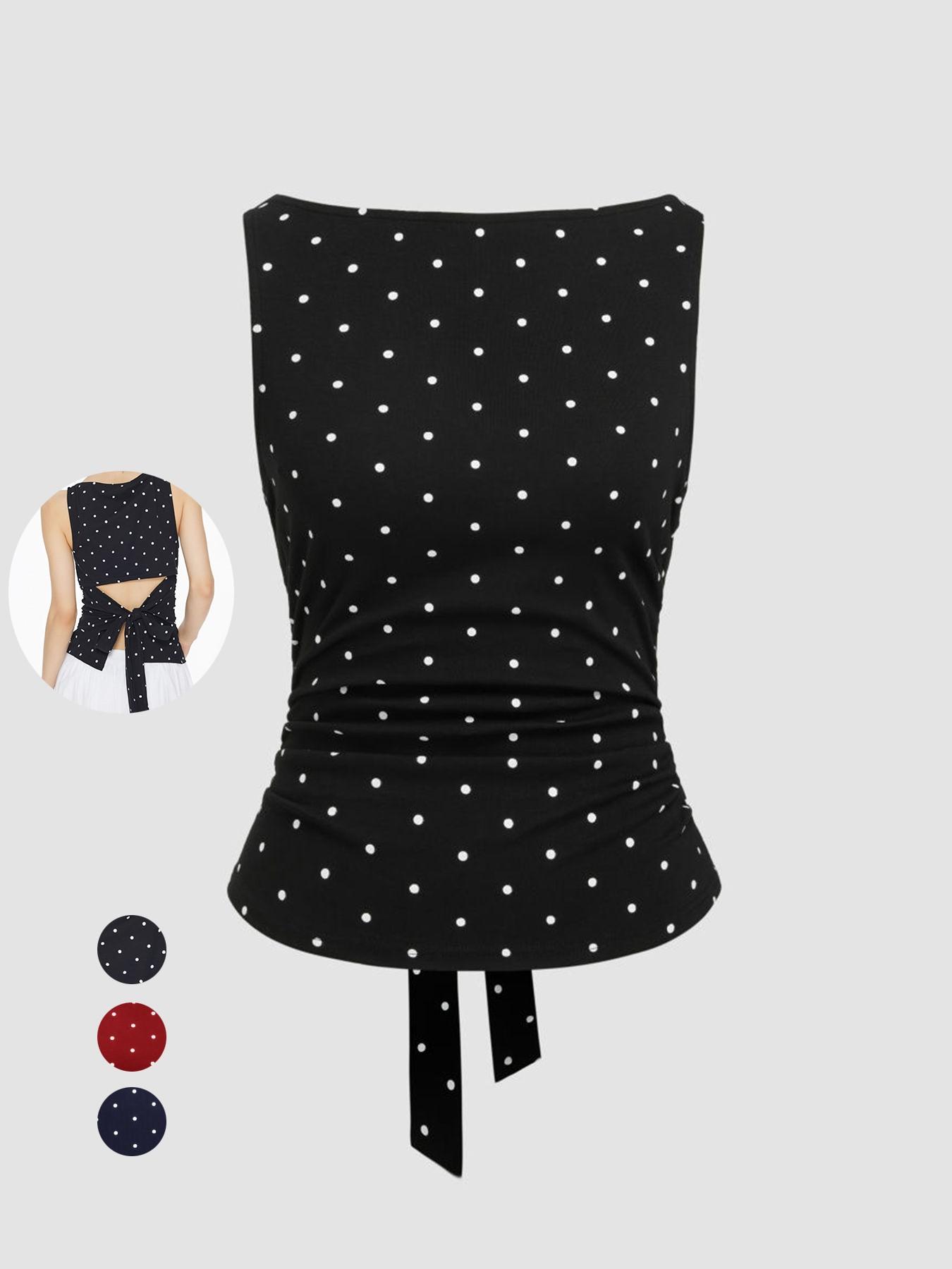 Y2K Women's Polka Dot Tank Top with Tie Back, Sleeveless Bow Detail Design, Stylish and Casual Summer Wear