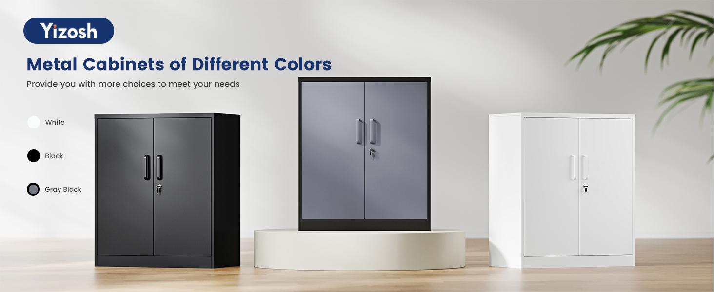 Yizosh Metal Storage Cabinet with 2 Adjustable Shelves, Steel Counter Cabinet with Lockable Doors for Home Office (Black)