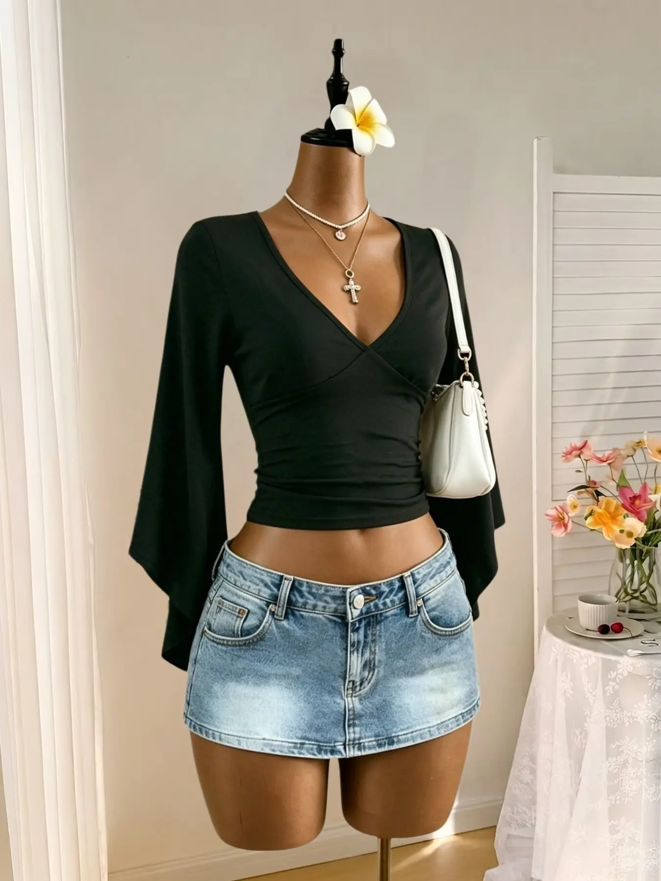 Y2K Millennial Cross Deep V Neck Top, Bodycon Short Sleeve Design, Side Flare Long Sleeves, Waist Accentuating Ruched Hem, Pure Desire Style, Fashion