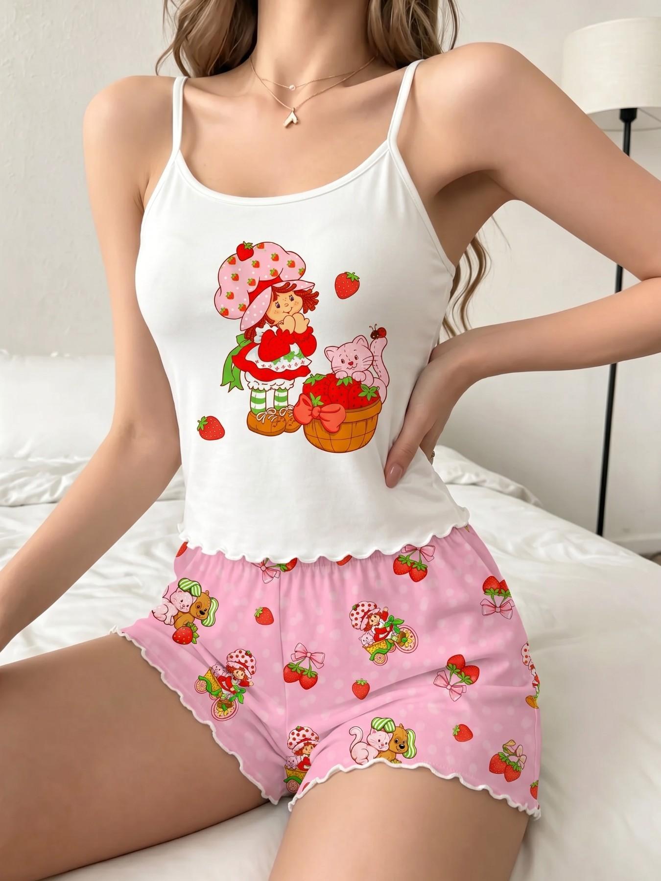 Summer Women's Pajama Set 2-Piece Camisole Panties Set, Sleeveless Casual Fitted Sleepwear, Strawberry Girl Print, Comfortable Home, Loungewear