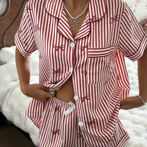 Women's 2-Piece Satin Striped Pajama Set, Collared Short Sleeve Top with Pockets, Bow Shorts, Casual Home Wear, Comfortable Sleepwear, Loungewear, Print, Printed Pajama Set, Lounge Pajamas, Nightwear Pajamas