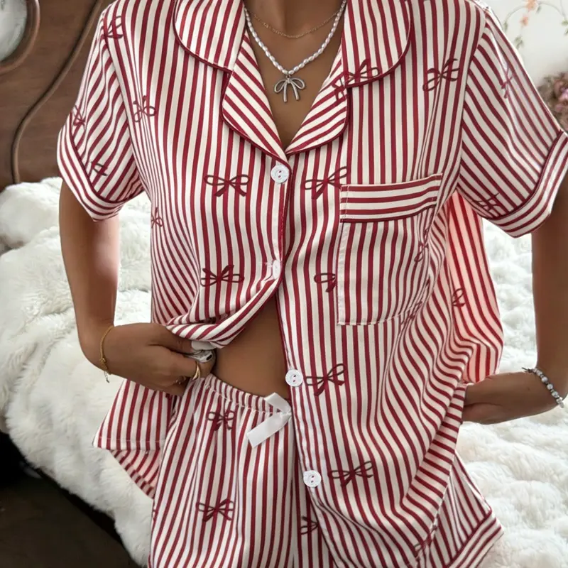 Women's 2-Piece Satin Striped Pajama Set, Collared Short Sleeve Top with Pockets, Bow Shorts, Casual Home Wear, Comfortable Sleepwear, Loungewear, Print, Printed Pajama Set, Lounge Pajamas, Nightwear Pajamas