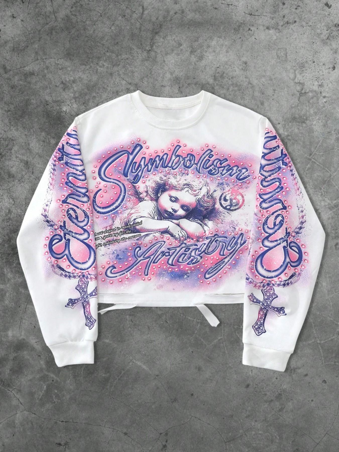 Unisex Streetwear Angel Print Design Sweatshirt, Loose-fitting Casual Long Sleeve Crewneck for Fall & Winter Fashion