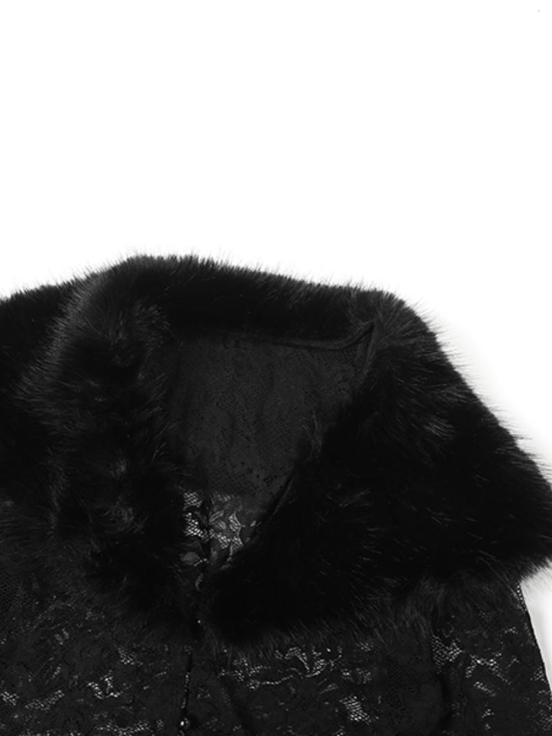 Women's Fashion Print Fur Collar Lace Patchwork Sexy Transparent Long Pants Two-Piece Set, Fall Winter New Arrival