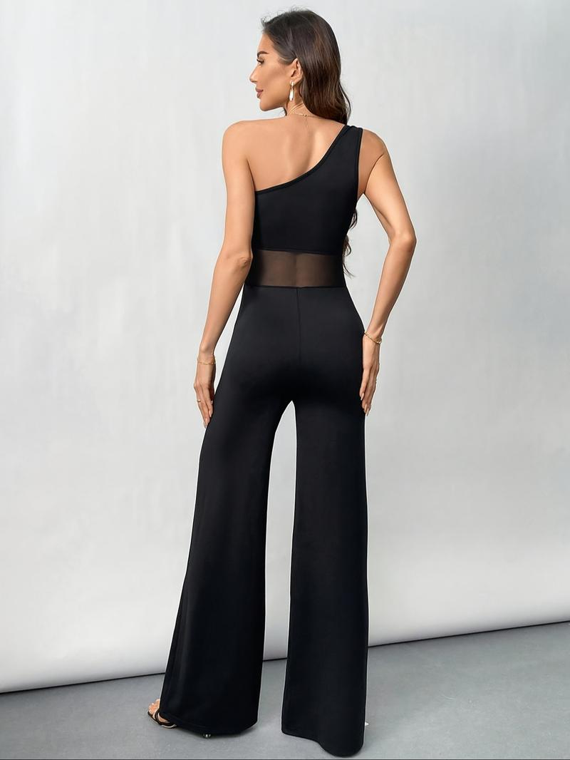 Elegant Solid Color One Shoulder Jumpsuit for Women, Mesh Splice Design, High Stretch, Breathable Fabric, All Season Versatile, Suitable for Casual and Formal Evening