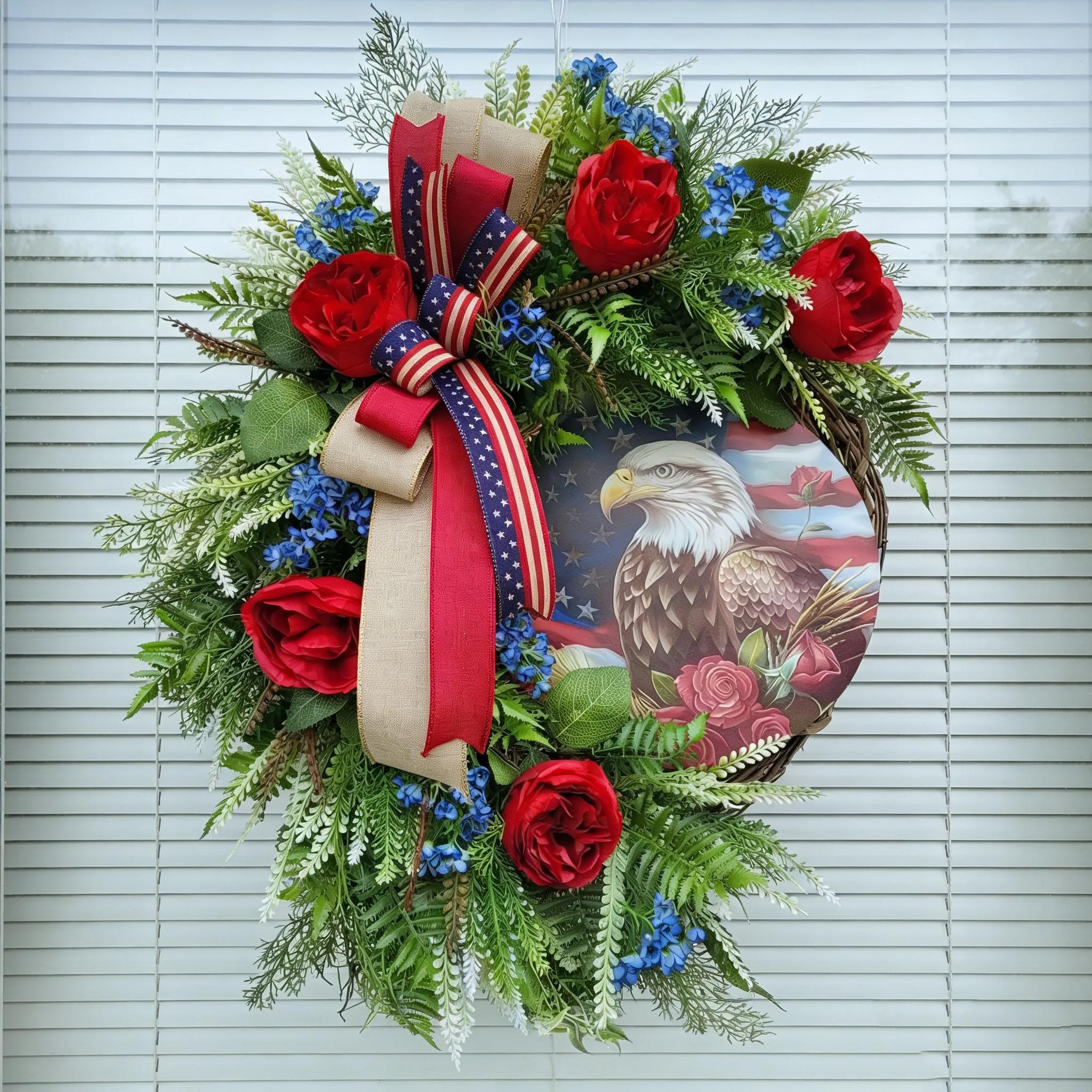 Patriotic Bald Eagle Wreath, Independence Day Memorial Decoration, Rose American Flag Wreath, Rustic Door Hanging, Indoor Outdoor Decor