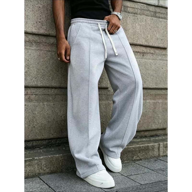 Men's Loose-Fit Sport Joggers - Male Clothing with Front Middle Seam, Elastic Waist, White Contrasting Drawstring, Plus Sizes for Casual Wear