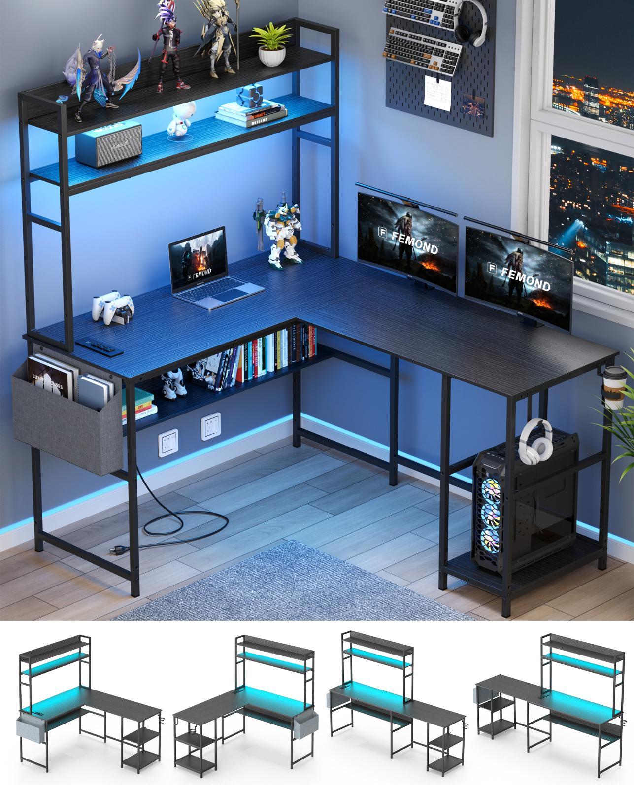 L Shaped Gaming Desk with LED Lights & Power Outlets Computer Desk with Hutch Office Desk with Storage Shelf, Headphone Hook,Cup Holder twoperson desk