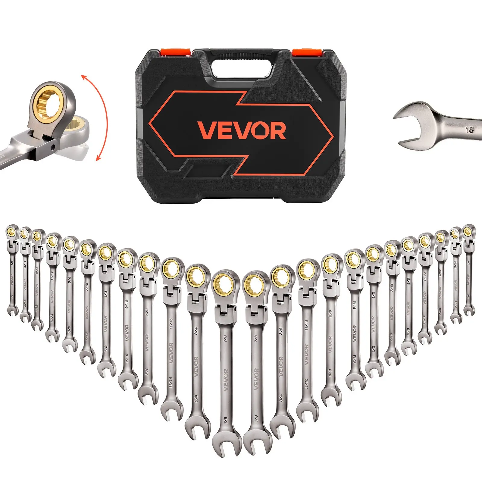 VEVOR 24-Piece SAE & Metric 72 Teeth Flex-Head Ratcheting Wrench Set, Cr-V Steel Flexible Combination Wrenches with Gray Nickel Finish, Storage Case Included for Household, Automotive Repairs, 72 Teeth Set