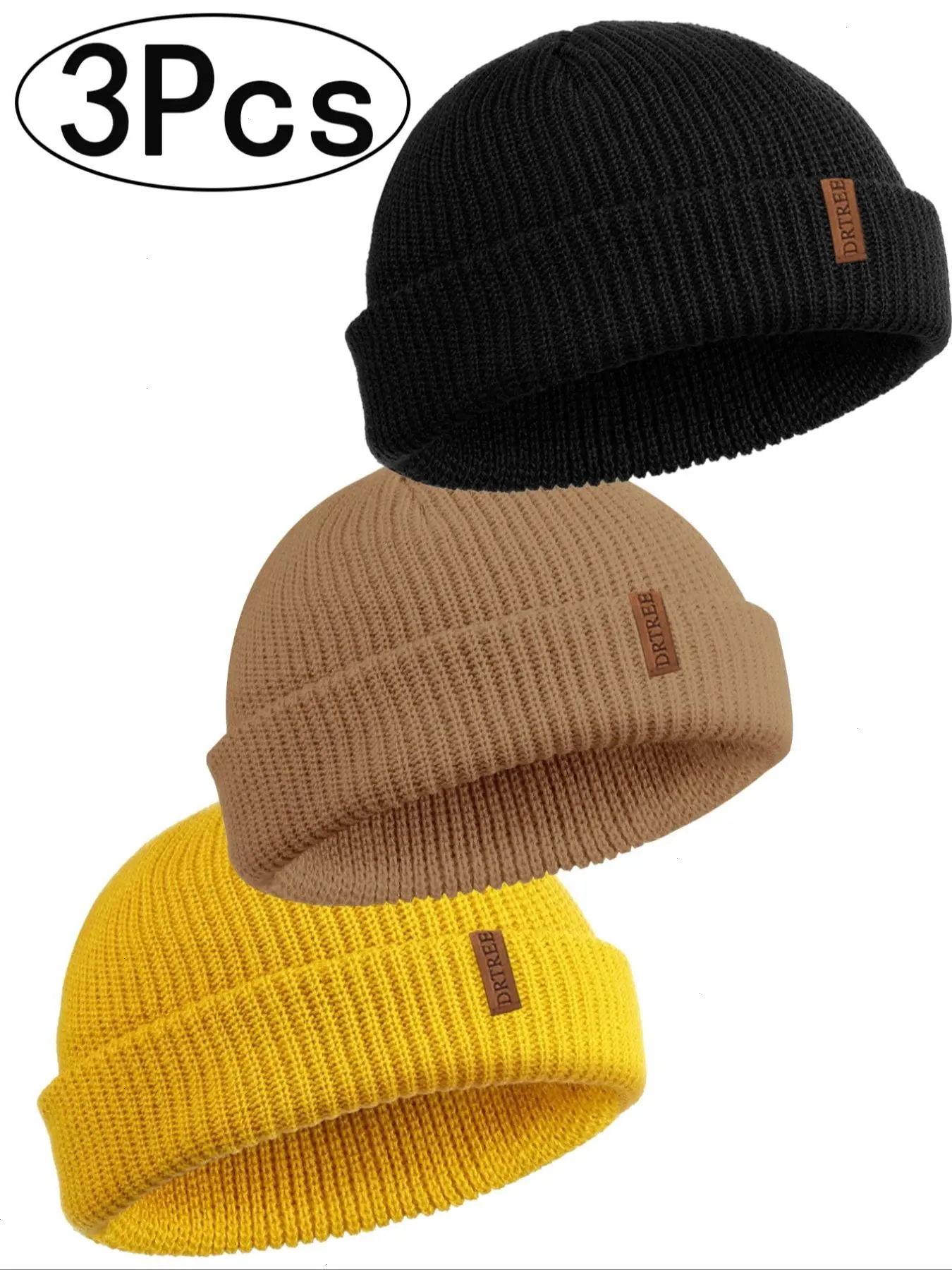 3-Pack Beanie Hat, Knit Ski Cap Fisherman Beanie for Men and Women, Solid Color Knitted Hat, Premium Streetwear Headwear for Skiing, Knit Hats