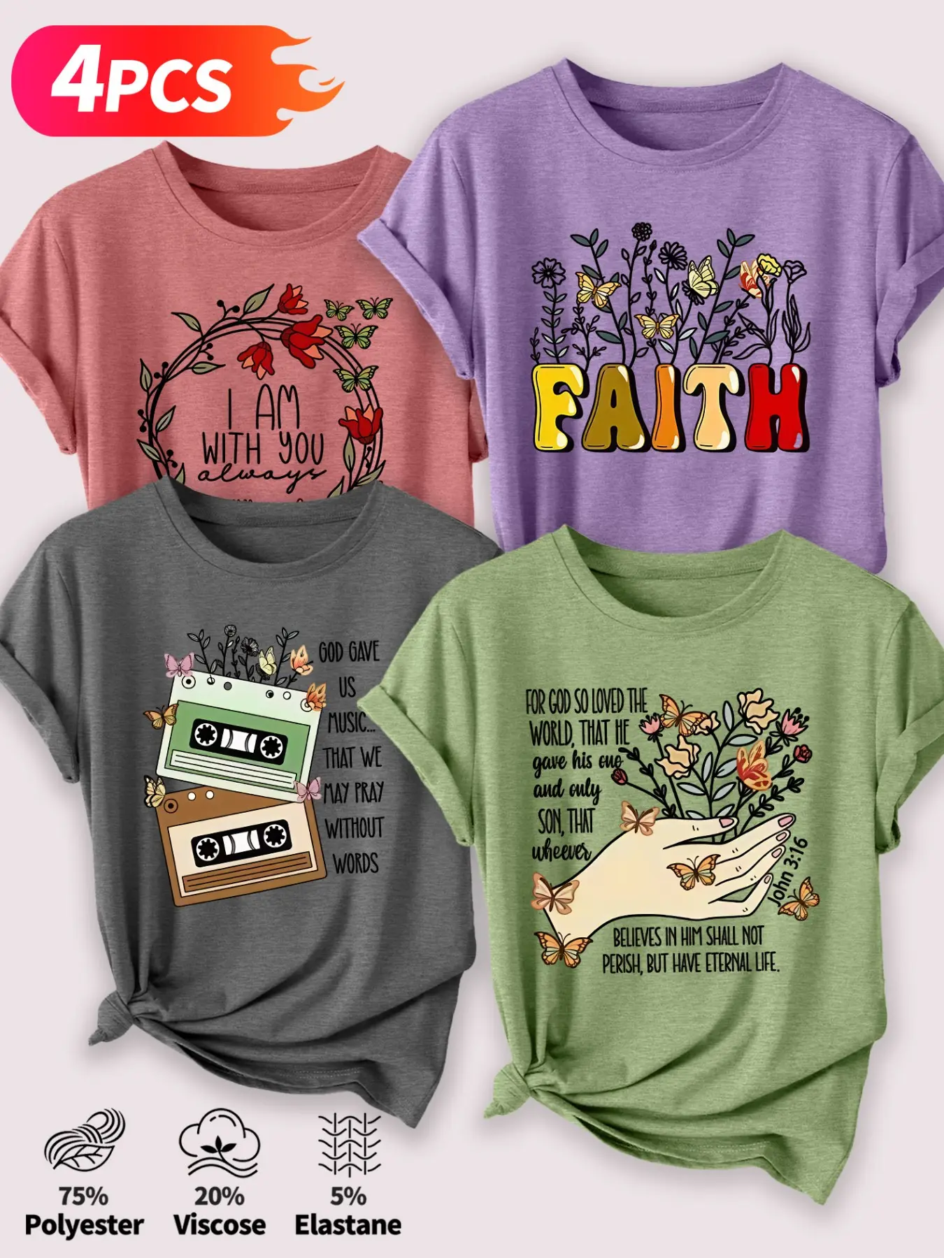4Pcs Women Crew Neck T‑Shirts, Faith Floral Cassette Pattern As Picture, Multiple Colors, Machine Washable, Spring Summer Tops, Soft Skin‑Friendly Fabric, Daily Versatile, Fashion Design
