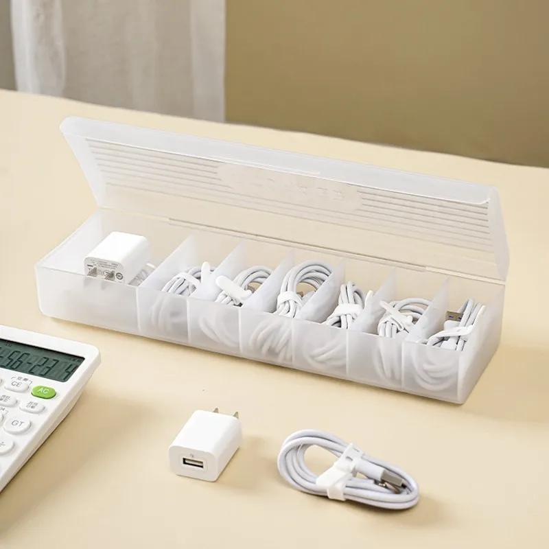 1Pc Transparent Data Cable Storage Box Plastic Data Line Storage Container for Desk Headset Stationery Multifunctional Storage Work Accessories
