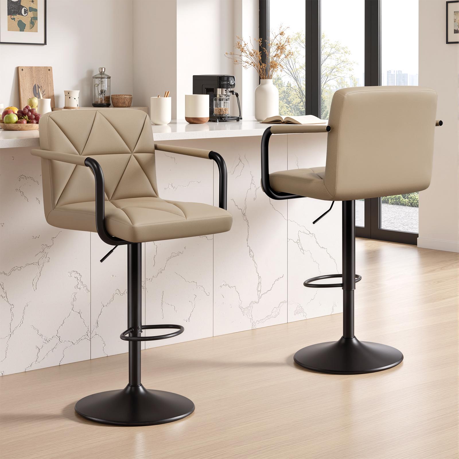Set of 2 Barstools, Adjustable Height 25.5-34.5 IN with Back & Arms, Swivel PU Leather Upholstered Counter Height Bar Chairs
