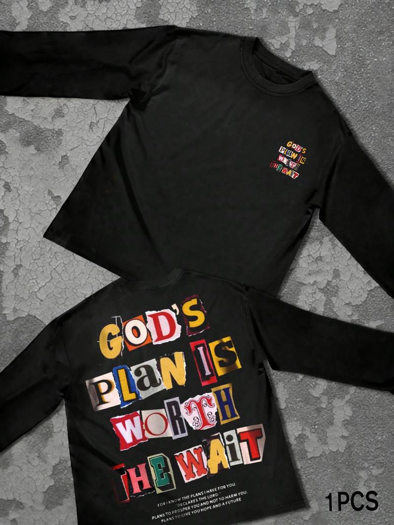 Unisex Letter Print Long Sleeve T-Shirt, Casual Fashion Comfortable Simple Design, Fitted Pure Color Tee for All Seasons