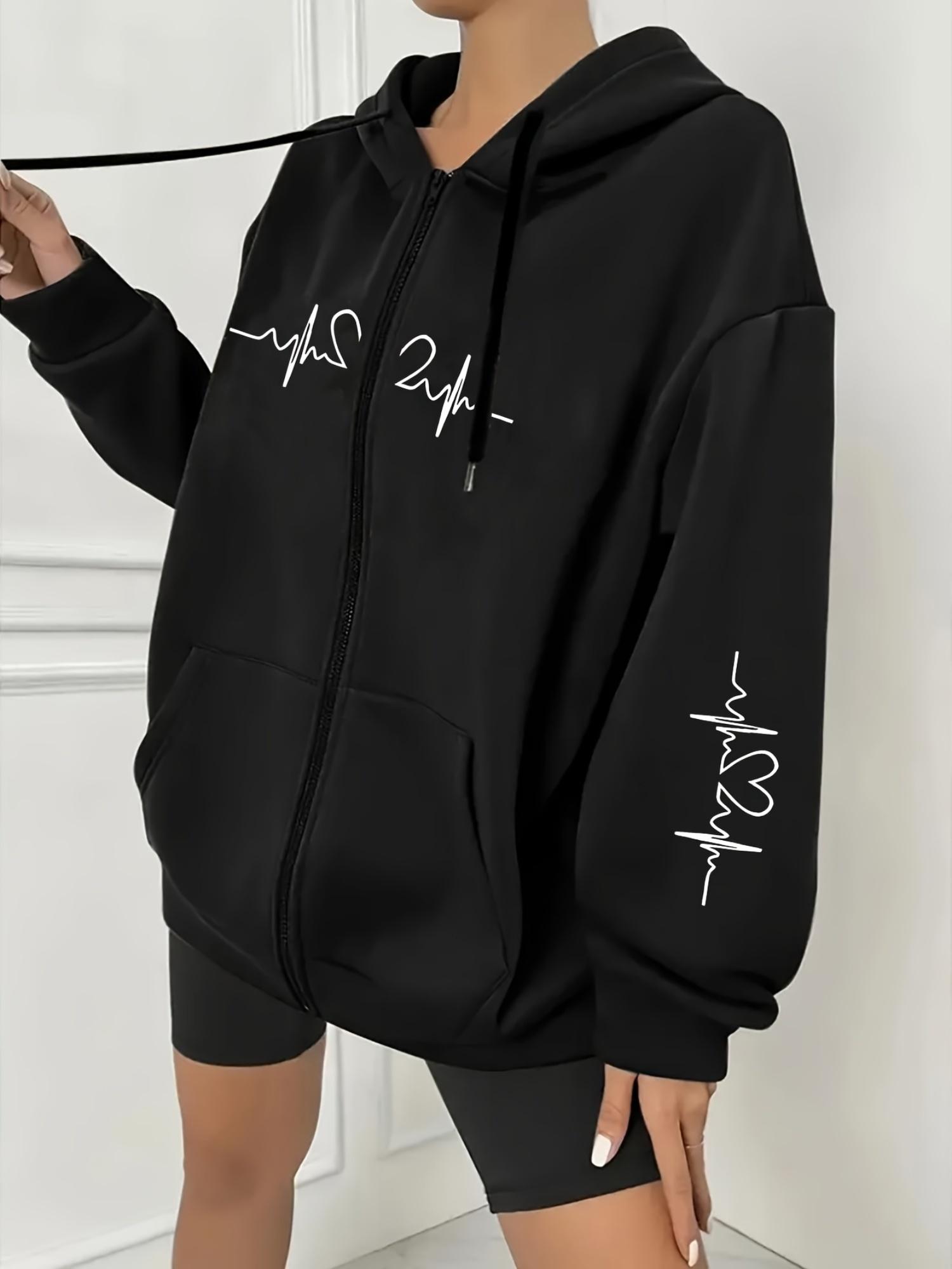 Women's Casual Zip Up Hoodie With Eye-Catching Heart Wave Print, Graphics On Chest And Sleeves, Comfortable Machine Washable Long Sleeve Hooded Jacket With Front Pockets For Daily Casual Wear