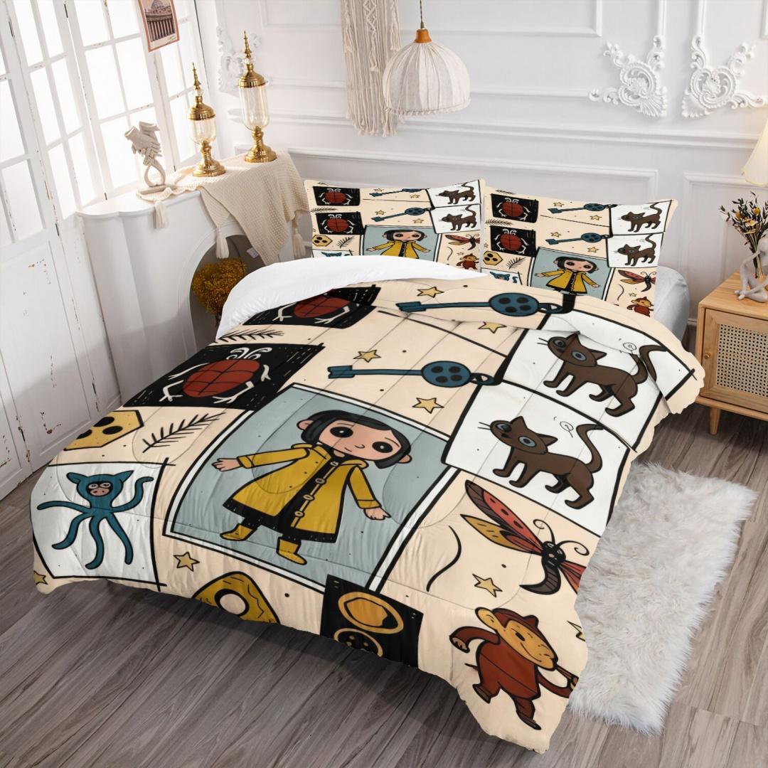Coraline Pattern Bedding Set, Includes 1 Quilt and 1 or 2 Pillowcases Without Pillows, Soft Kids and Adult Bedroom Gift