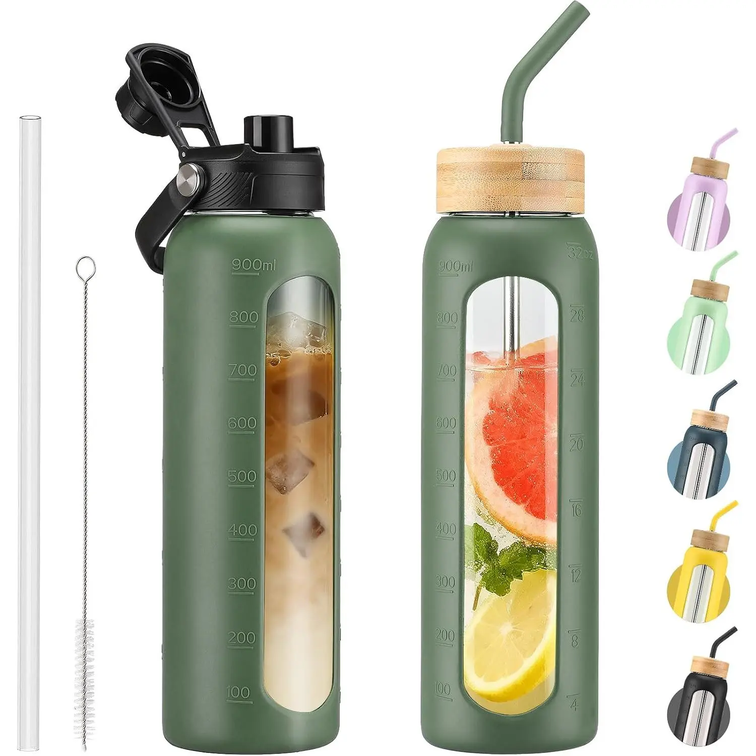 Kodrine 32 oz Glass Water Bottle with Straw & Spout Lids Leakproof, Olive| Motivational Time Marker, Borosilicate Glass with Protective Silicone Sleeve, Wide Mouth, BPA-Free for Gym, Fitness & Travel