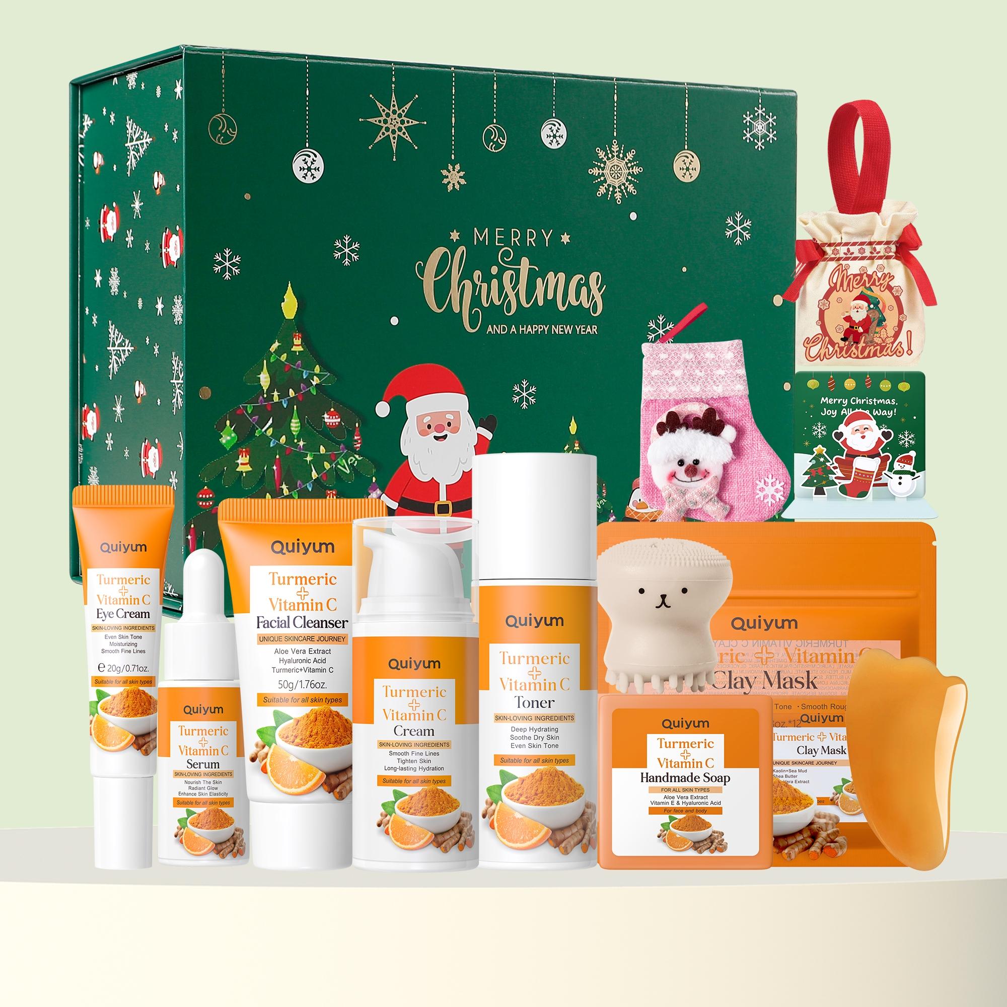 Quiyum Turmeric Vitamin C Skincare Set, Moisturizing Skin Care Kit, Skin Care Sets, Skin Care Products, Including Cleanser, Toner, Cream, Eye Cream, Serum, Soap, Mud Mask, Scraping Pate, Octopus Brush, Gift Box, Skin Care Kit for Women & Girl