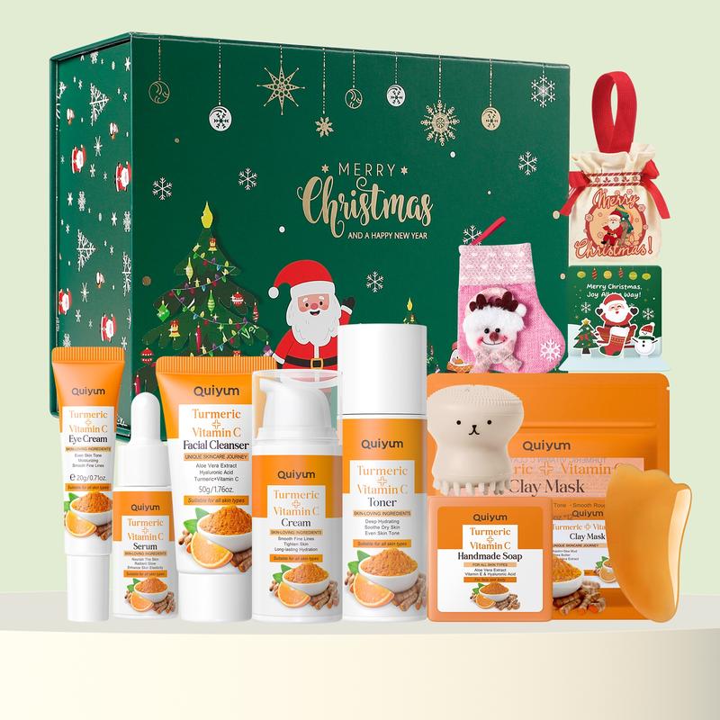 Quiyum Turmeric Vitamin C Skincare Set, Moisturizing Skin Care Kit, Skin Care Sets, Including Cleanser, Toner, Cream, Eye Cream, Serum, Soap, Mud Mask, Scraping Pate，Octopus Brush，Gift Bag，Card，Gift Box，Best Gift,Skin Care Kit for Women & Girl