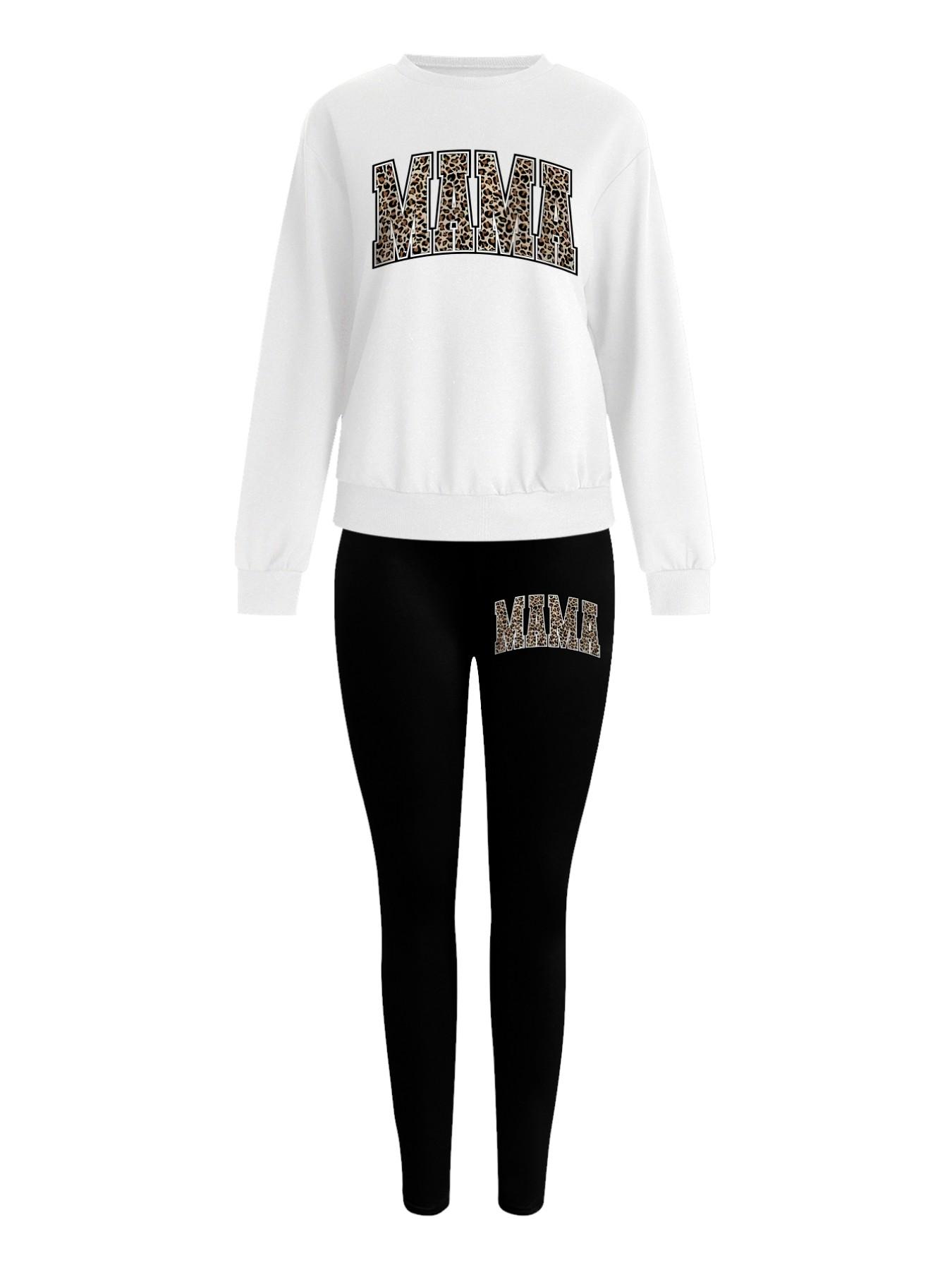 Women's 2-Piece Sweatshirt Set, Mama Letter Print, Round Neck Long Sleeve, Fitted Bottoms, Casual Fall & Winter, Womenswear