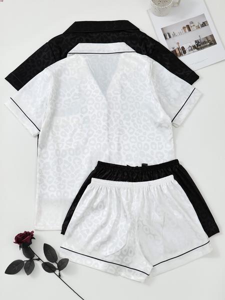 Women's Leopard Print Contrast Trim Lapel Neck Pajama Two-Piece Set, Comfort PJ Set, Short Sleeve Button Up Top & Shorts PJ Set, Casual Sleepwear Set for Women