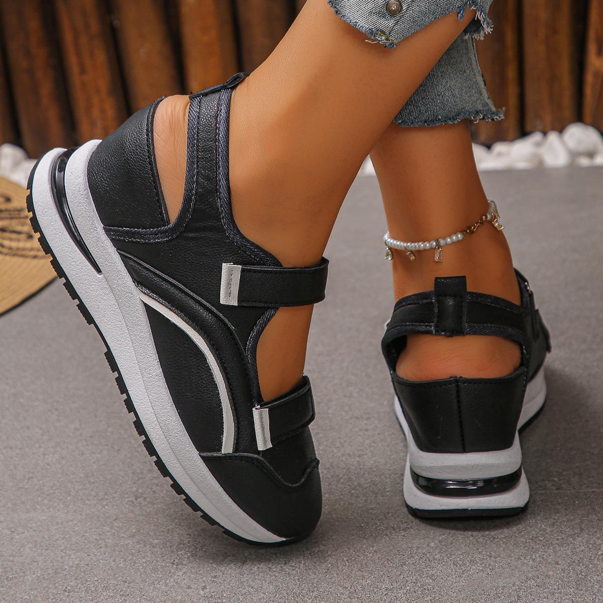 Women Hollow Out Wedge Sneaker Sandals, Breathable Hook & Loop Platform Walking Shoes, Color Block Casual Outdoor Shoes