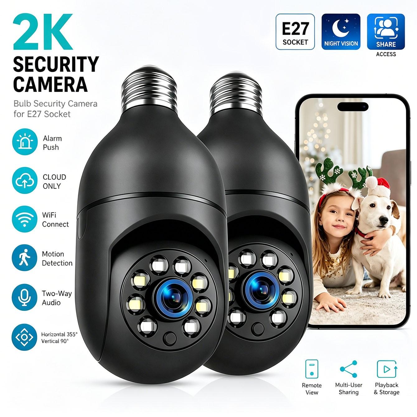 2.4GHz WiFi Security Camera, 2k Wireless Outdoor Motion Detection, Two-Way Audio, Color Night Vision, Human Body Detection, Bulb Camera