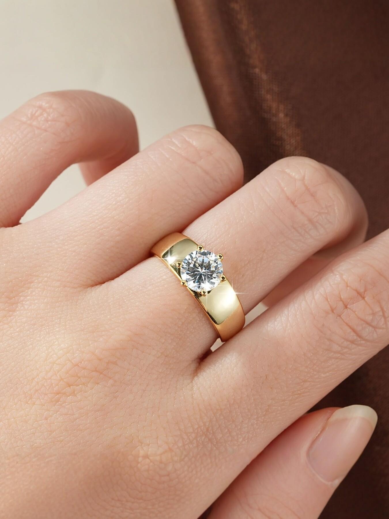 Wide six-prong Zircon Solitaire Ring for Women, Thick Band, 5A CZ Engagement Wedding Promise Ring, 2026 Timeless Engagement Ring Dupe, Perfect Daily Wear & Gift for Her