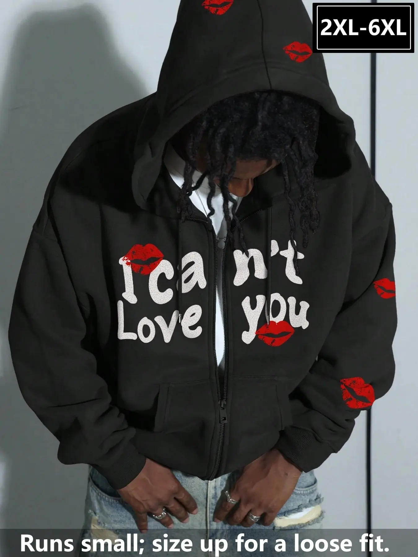Plus Size Men's Black Oversized Fleece Lined Full Zip Hoodie 2XL-6XL, Y2K Gothic Skeleton Broken Heart Letter Print Zip Up Jacket, Soft Warm Streetwear Hooded Outerwear Perfect for Autumn Winter Urban Street Style