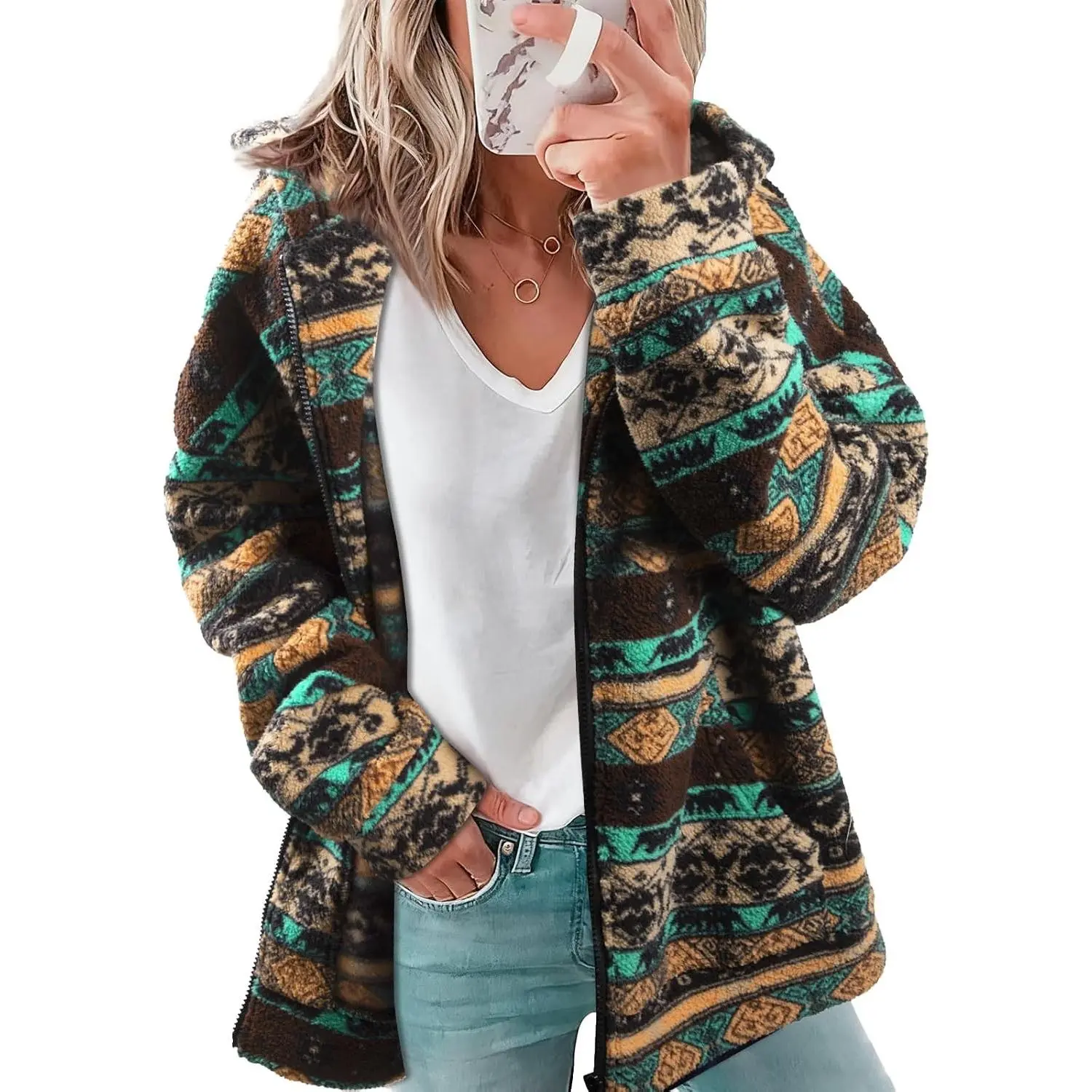 Womens Western Aztec Print Zip up Hoodies Sherpa Fleece Sweatshirt | Fuzzy Jackets for Women Long Sleeve Jacket Coat with Pockets Casual Soft Comfy Warm Clothes Fall Winter Outwear