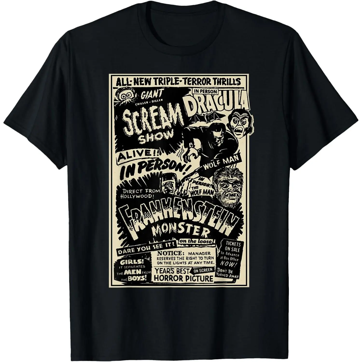 Unisex Vintage Classic Horror Monster Movie Cotton T-Shirt, Retro Dracula Frankenstein Wolf Man Poster Graphic Short Sleeve Tee, Spooky Halloween Casual Fan black navy grey Top festivity gift breathable comfort crewneck fashion top