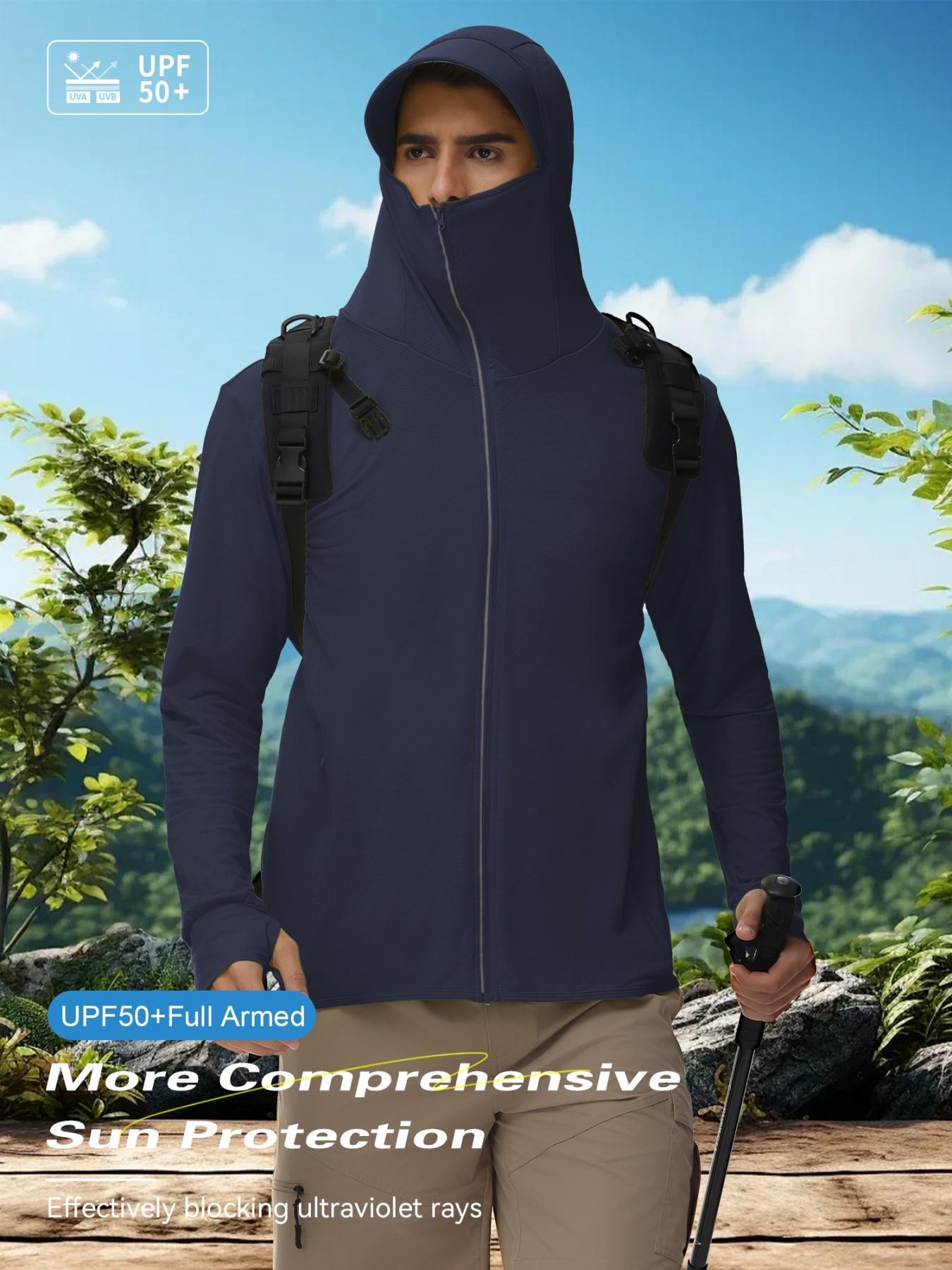Men's Ice Silk Hooded Sun Protection Jacket, Full Face UV Shield, Breathable Quick-Dry, Outdoor Hiking Climbing Running Cycling Sports Coat
