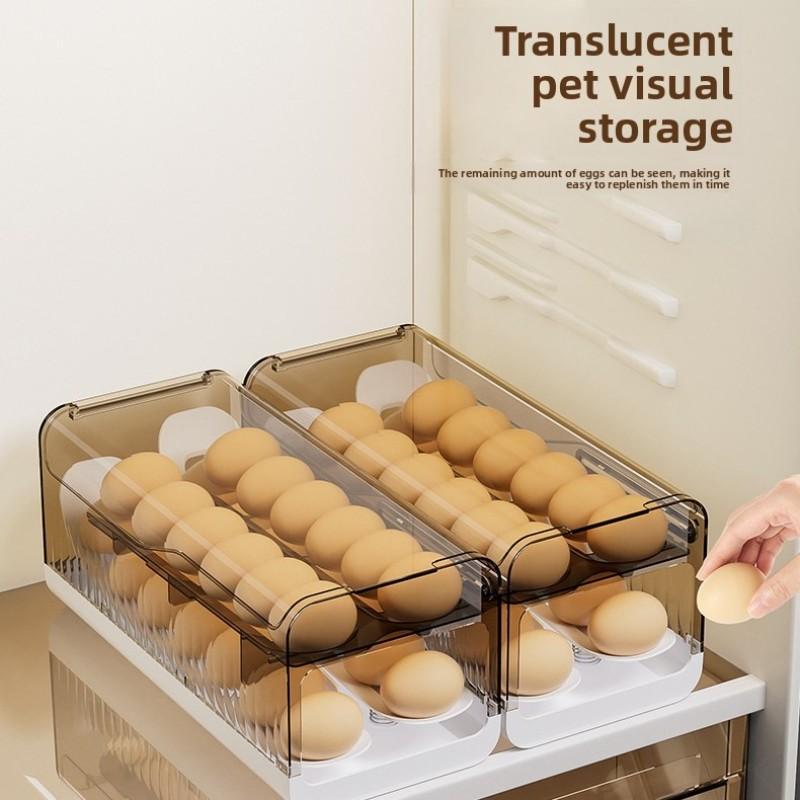 Two-Row Dual-Layer Transparent Egg Storage Box, Space-Saving Easily Rolling Egg Rack, Durable Food Grade Material Refrigerator Organizer, Organized Kitchen Utensils