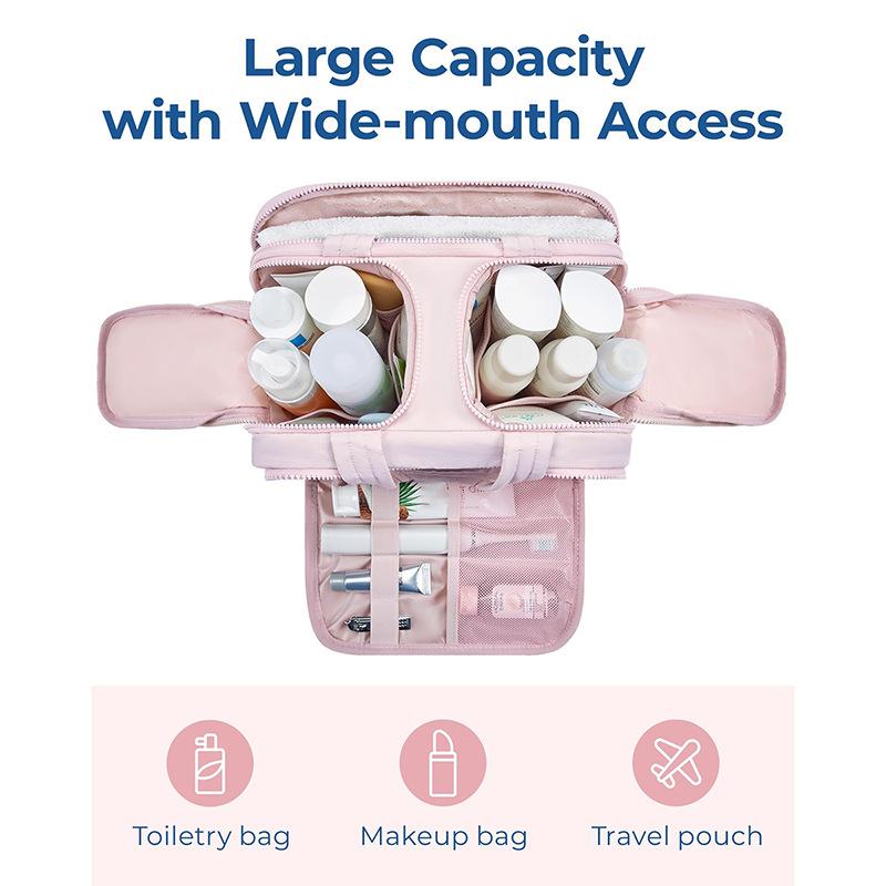 Women's Puffy Nylon Fabric Travel Toiletry Bag, Lightweight Large Makeup Organizer with Handle, Water-Resistant Wide-Open Dual Compartment Gym Storage Case for Holiday Overnight Use