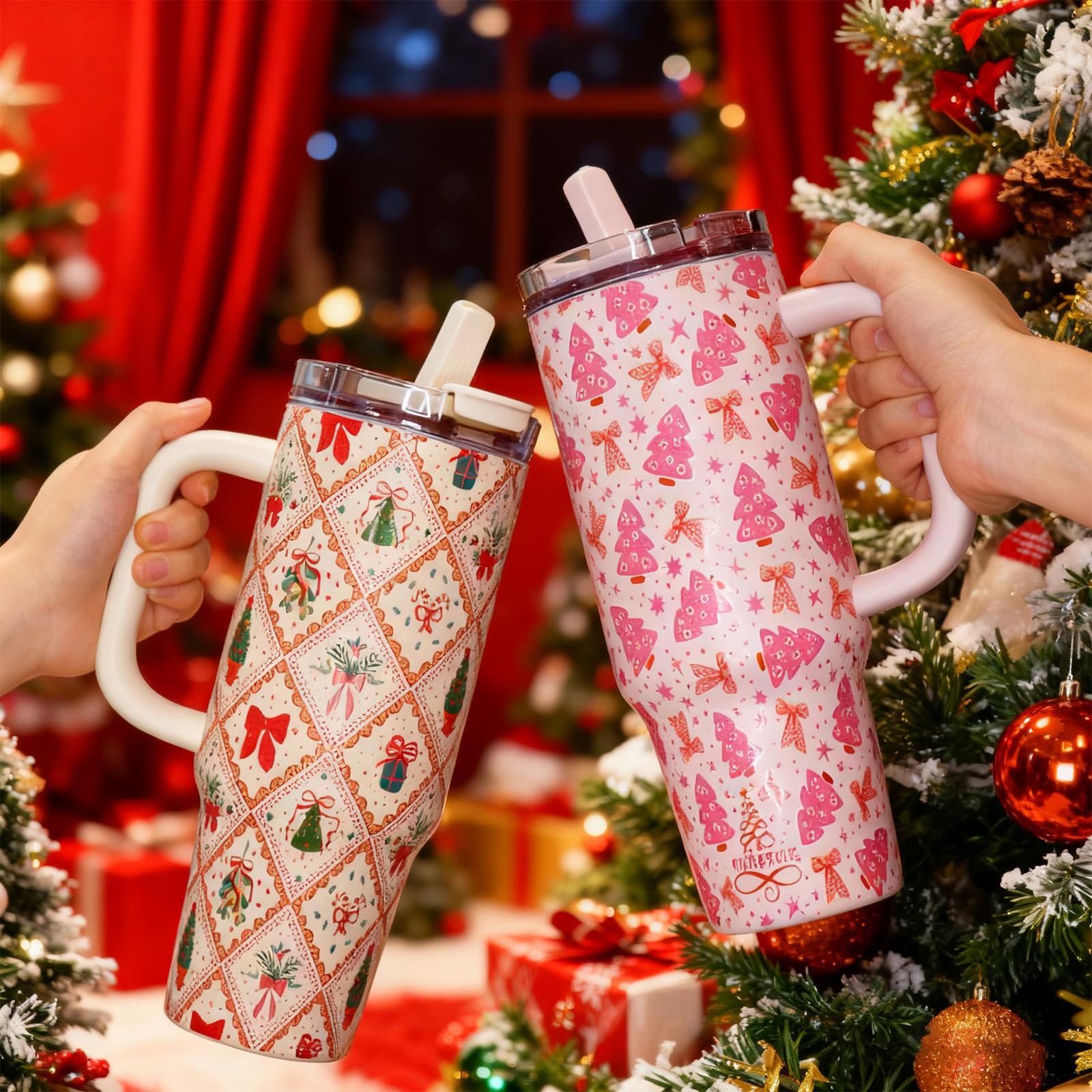 1 Pc 40oz insulated thermal mug with handle, double wall leak-proof vacuum cup, pink Christmas tree and bow pattern, festive cute holiday design, keeps hot 12 h/cold 24 h, large capacity tumbler for hot cold drinks, Thermos Cup, Thermal Flask