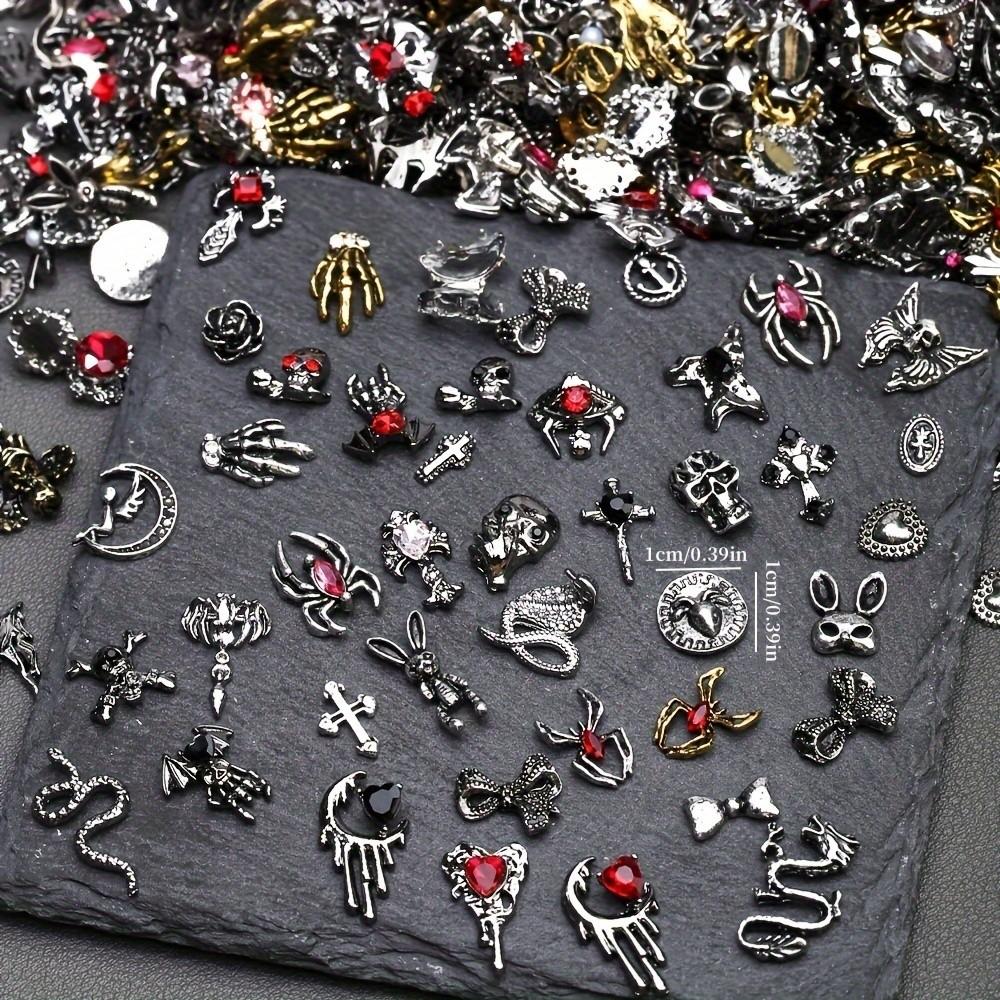 50pcs 3D Alloy Luxury Nail Art Decorations, DIY Manicure Supplies, Skull Hand Spider Bone Rabbit Cross Water Drill Designs