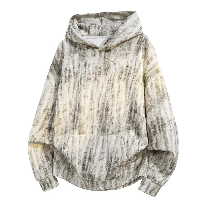 Men's Wasteland-Style Hooded Cotton Blend Sweatshirt - Menswear, Casual Fashion, Long Sleeve Streetwear, Ripped Texture, Drop-Shoulder, Distressed Look, American High-Street Retro Niche Top, Slim-Fit, Standard Sizes