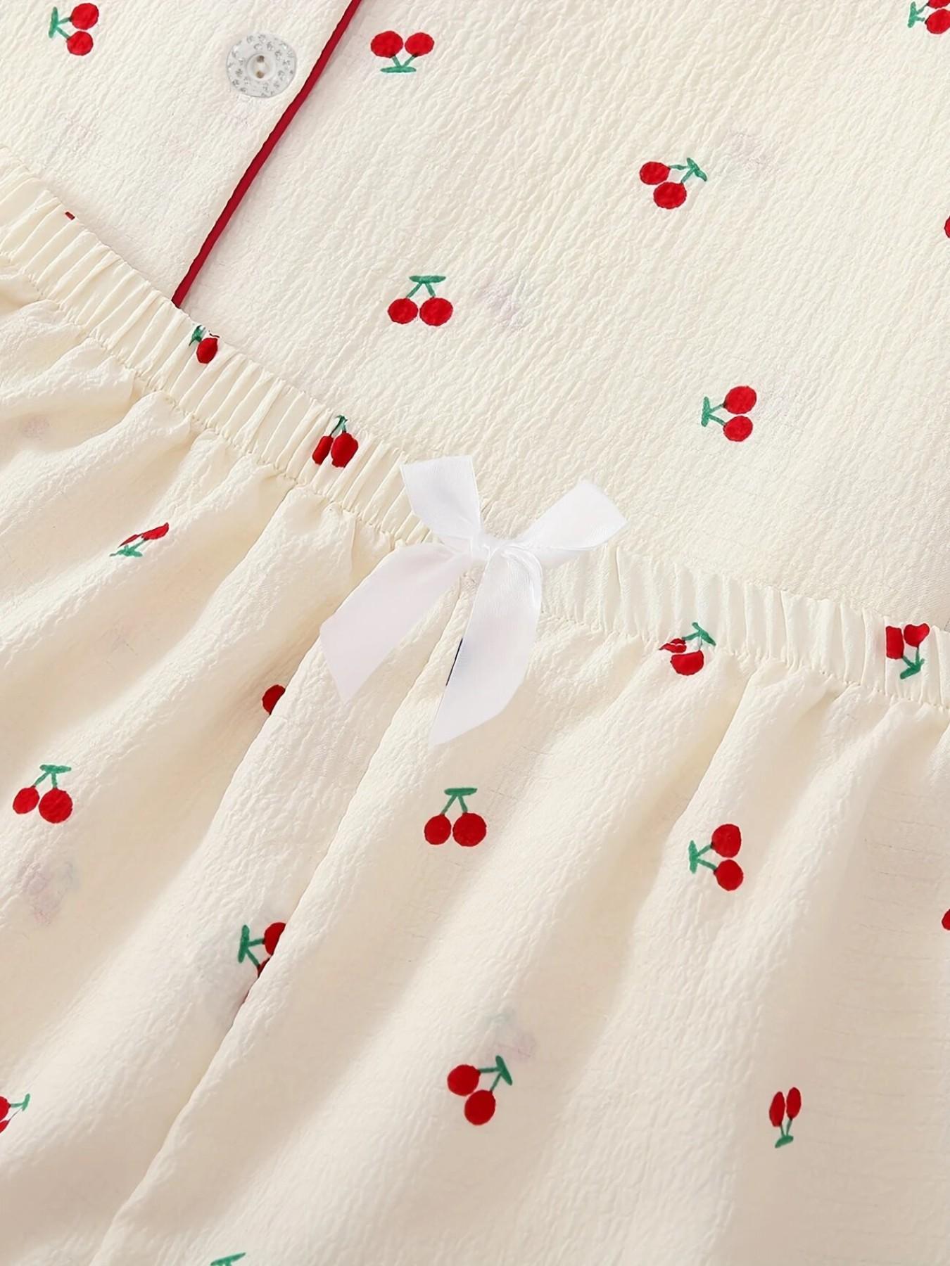 Women's Short Sleeve Button Down Top and Shorts Pajama Set, Spring Summer Wear, For Energetic Teen Girls, Cream Base Bright Cherry Print, Classic Lapel Collar, Loose Vitality Fit, Comfortable For Home & Gatherings