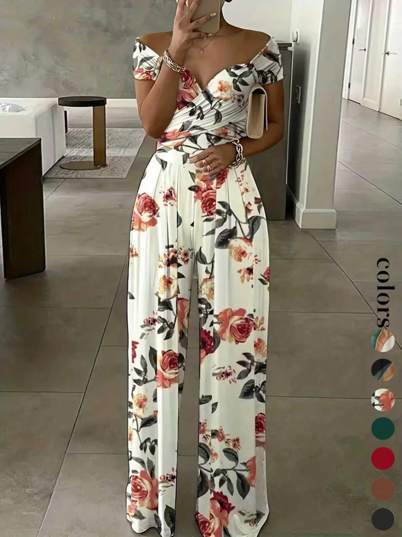 Women's Floral Print Off-Shoulder Wrap Jumpsuit, High Waist Fitted Jumpsuit, Boho Style Sexy Fashion Jumpsuit for Women
