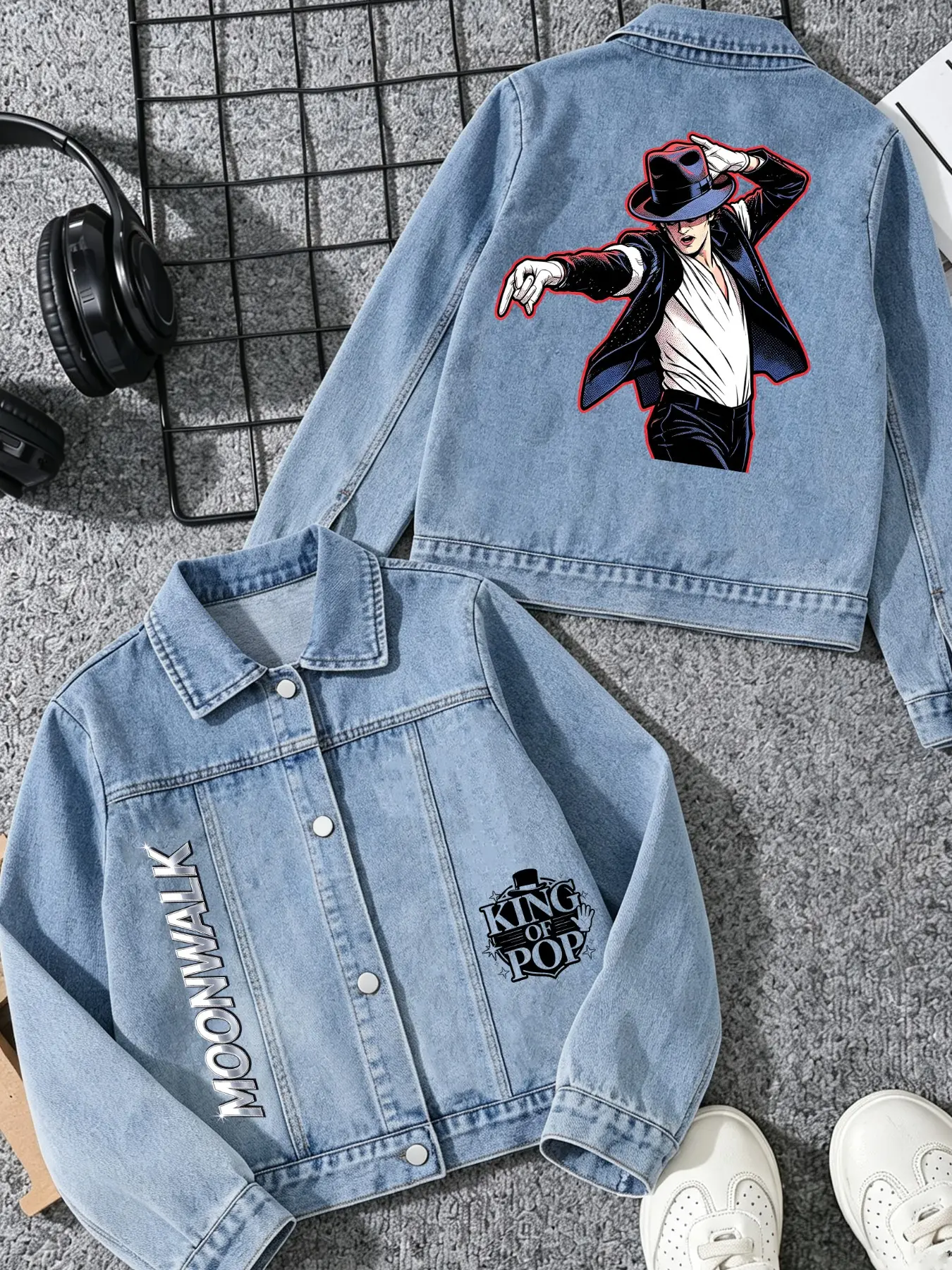 Michael Jackson Print Denim Jacket, Cute Cartoon Pattern, Unisex Fall Outerwear, Comfortable Soft Breathable, Fashionable Versatile, Jean Jackets