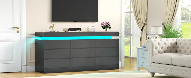 9 Drawer Dresser with Power Outlet, Dresser with LED Light, Modern Chest of Drawers for Closet, Double Wide Drawer Organizer Cabinet