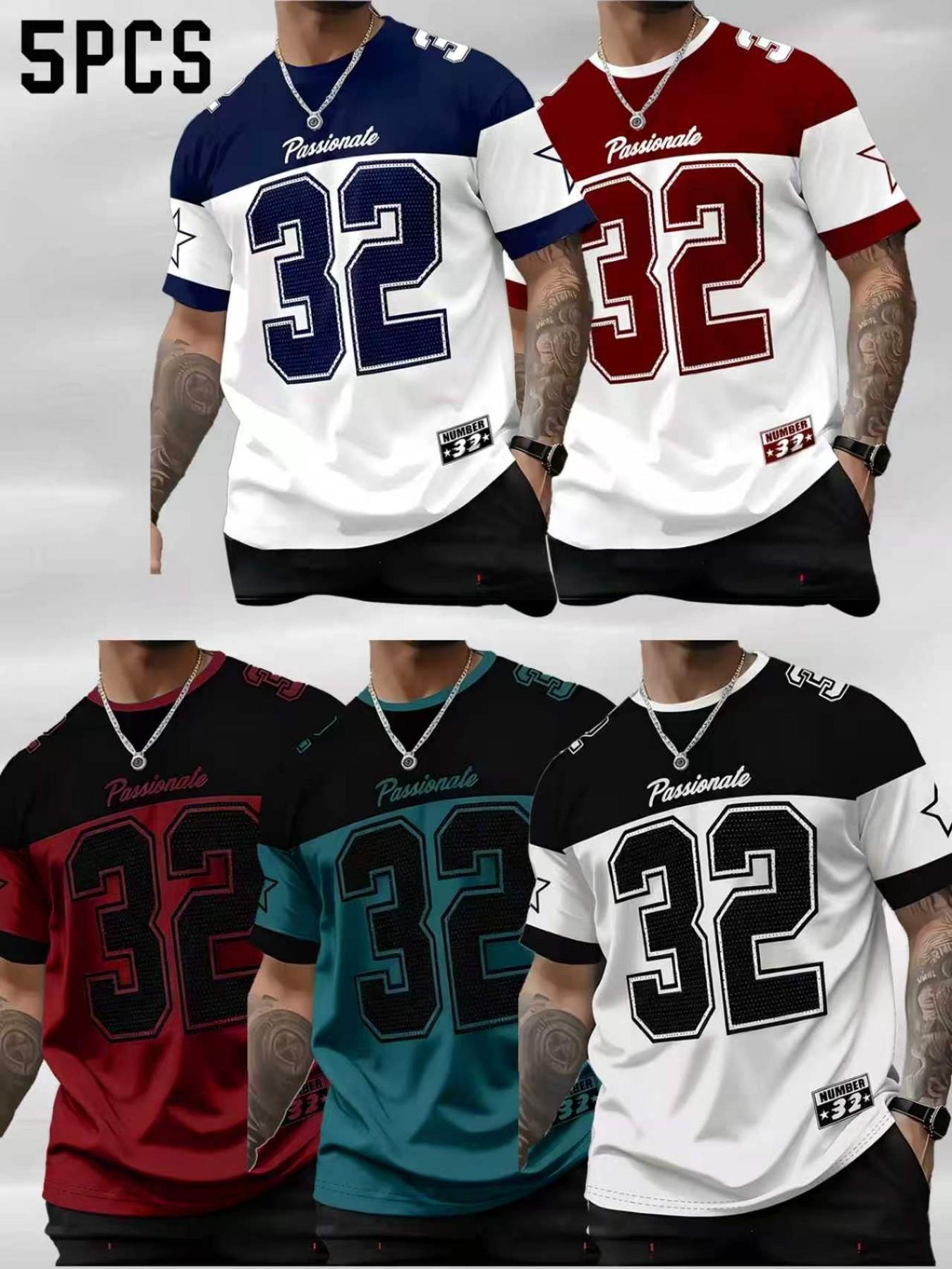 Set of 5, Striped Print Men'S Stylish Casual Streetwear Short-Sleeve T-Shirts, Gradient Color Summer Round-Neck Quick-Dry Breathable Short-Sleeve T-Shirts, Menswear