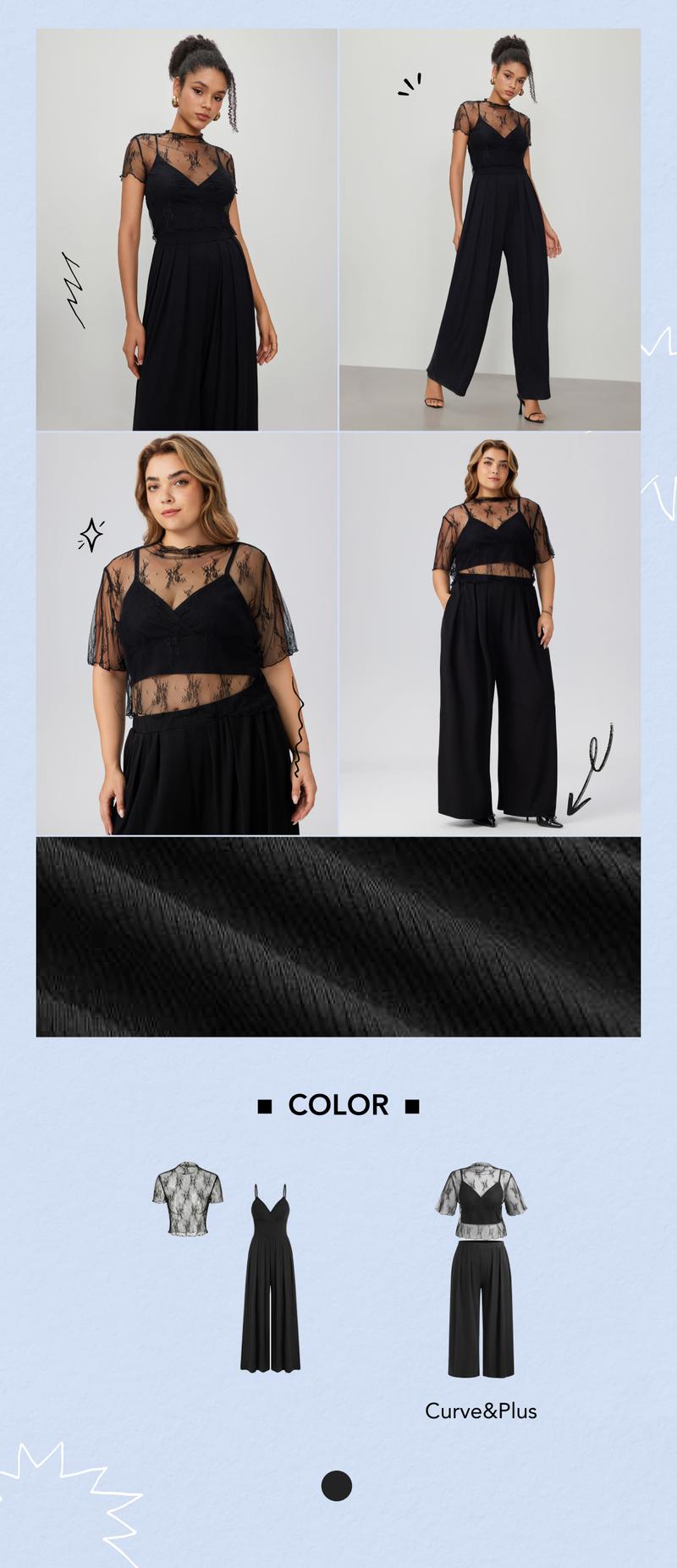 Cider [size 2-26] Lace See-through Top & V Neck Wide Leg Jumpsuit
